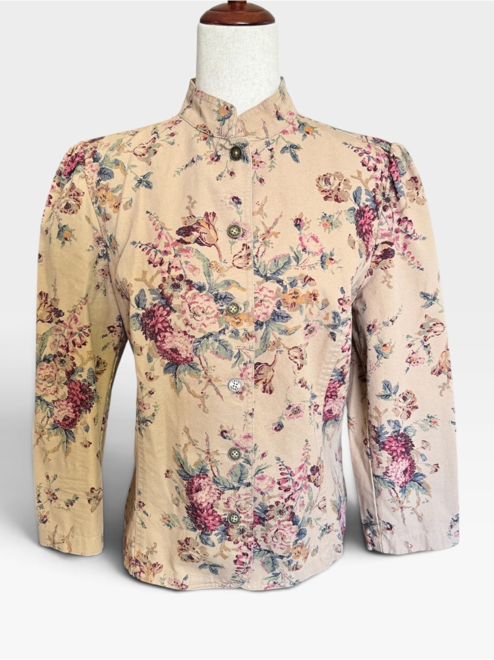 90s Chaps Beige Floral Mandarin Collar Blazer